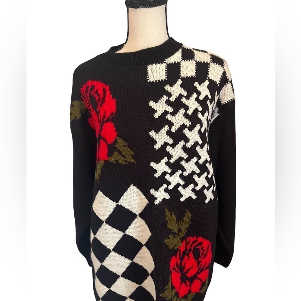 VINTAGE MARGO’S CHECKER ROSE JUMPER KNIT OVERSIZE SWEATER SIZE MEDIUM - Picture 7 of 8